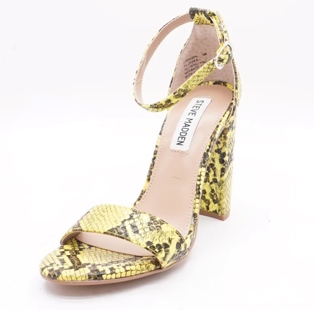 Steve Madden Yellow & Black Carson Snake Print Open Toe Block Heel Sandals Sz 10